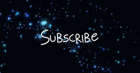 Handwritten subscribe text glowing over neon starfield with teal bokeh for youtube cta