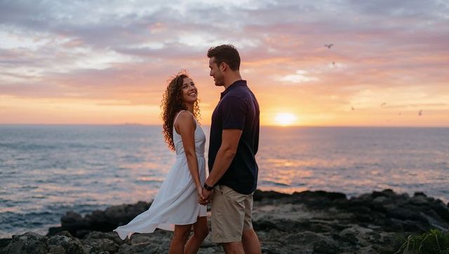 Romantic couple holding hands on rocky shore at sunset coastal love moment