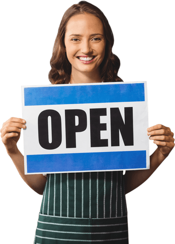 Smiling female shop owner holding open sign transparent background