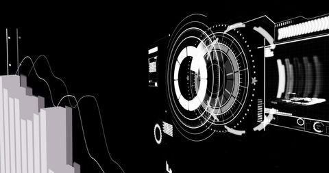 Futuristic data processing infographic on black background
