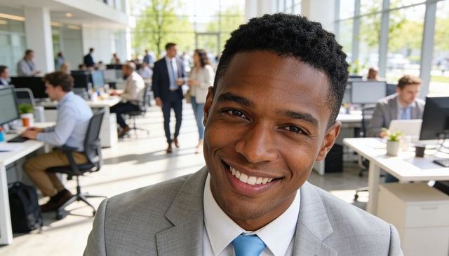 Smiling businessman in gray suit and blue tie in modern open-plan office close-up