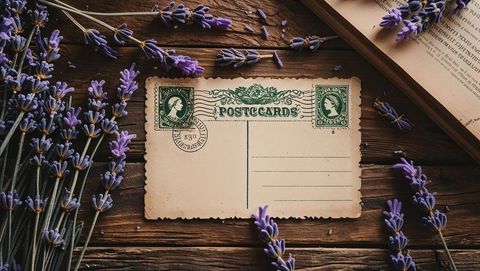 Vintage postcard with lavender on rustic wood table