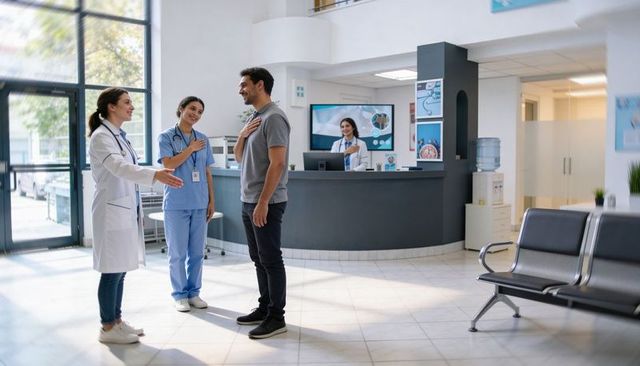 Friendly clinicians welcoming male patient at modern clinic reception desk