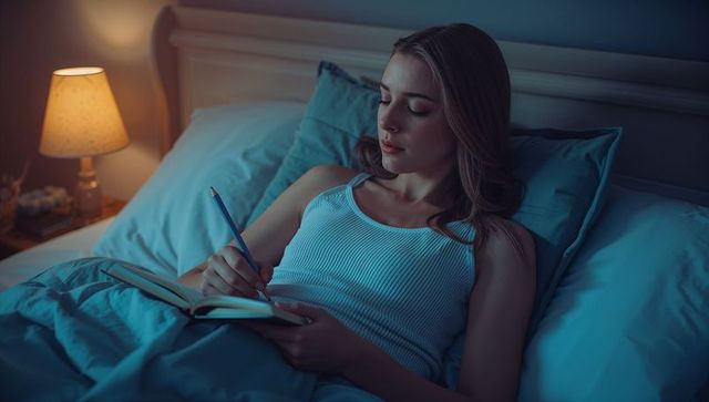 Woman Writing a Journal in Bed at Night for Self-Reflection