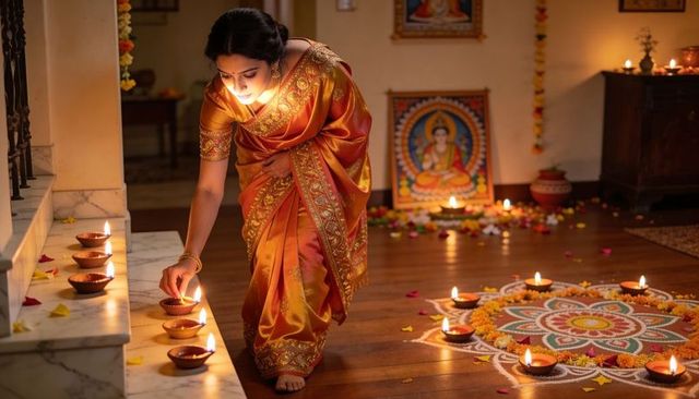 Indian woman lighting diyas in orange saree with rangoli for diwali home celebration