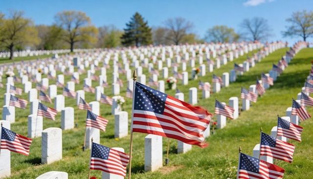 American flags waving over military cemetery rows on memorial day hill honoring veterans