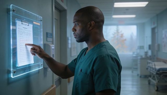 African american doctor examining digital chart, pointing at clipboard in corridor