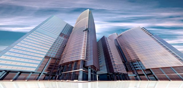 Impressive skyscrapers rise towards the sky in a business district, showcasing modern architecture with reflective glass surfaces. Ideal for corporate presentations, real estate marketing, and articles on urban development or contemporary cities.