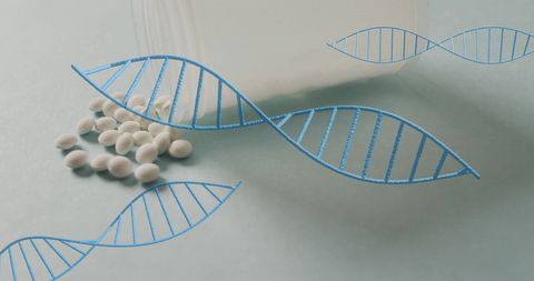 DNA Strands Over Pills Illustrating Genetic Research