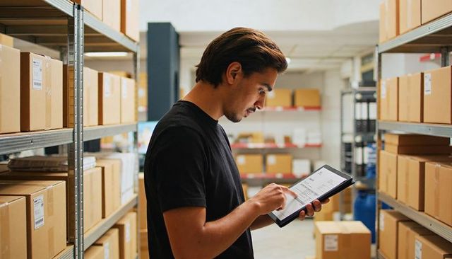 Warehouse worker checking inventory with tablet scanning barcodes on cardboard boxes