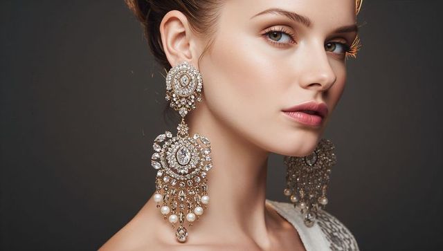 Glamorous close-up of model wearing oversized crystal chandelier earrings for luxury fashion