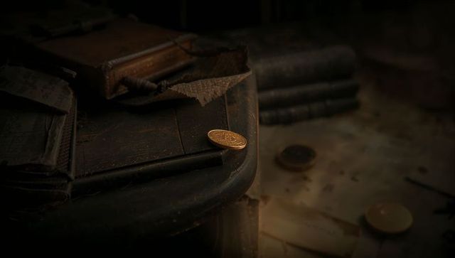 Balancing gold coin on worn wooden desk edge with dusty books and moody low light
