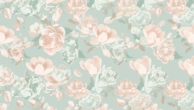 Vintage pastel peony wallpaper pattern with painterly blooms and soft green background