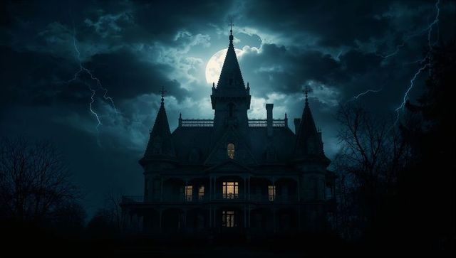 Eerie gothic mansion under full moon and lightning