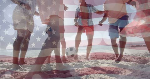 Diverse Friends Enjoying Beach Soccer with American Flag Overlay