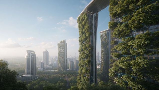 Futuristic skyscrapers with lush vertical gardens in modern city