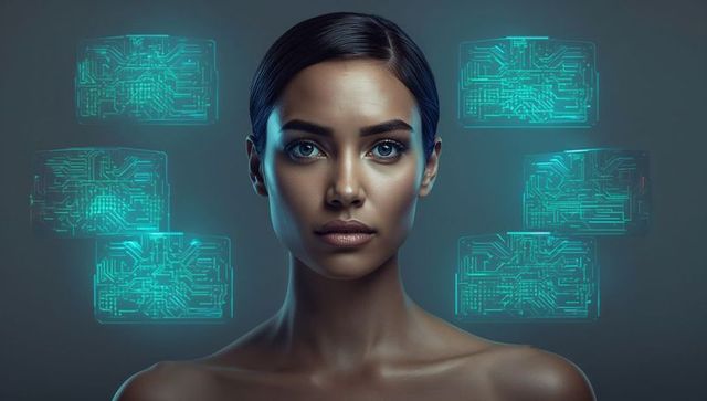 Futuristic ai portrait showing woman with holographic cyan circuit and cyber interface