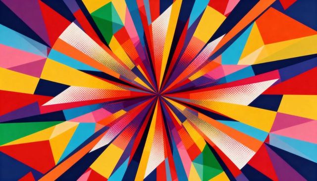 Radiant Kaleidoscope Starburst Geometry with Halftone Texture for Dynamic Colorful Design