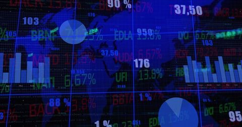 Global stock market data visualization on world map background