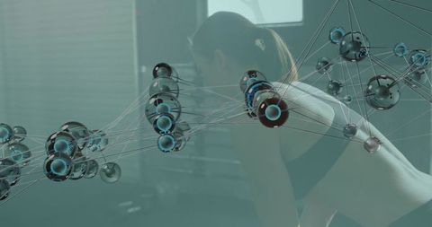 Female athlete training with holographic molecular network overlay for fitness performance