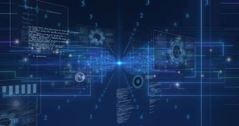 Streaming Data Tunnel with Holographic HUD Panels, Code Streams and Neon Network Interface