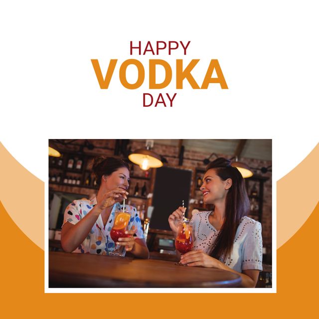Image of happy vodka day over happy caucasian women with drinks in bar. Alcohol, beverage, bar and party concept.
