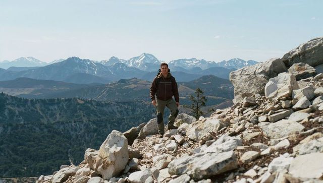 Male hiker standing on rocky alpine ridge carrying backpack with distant snowy peaks