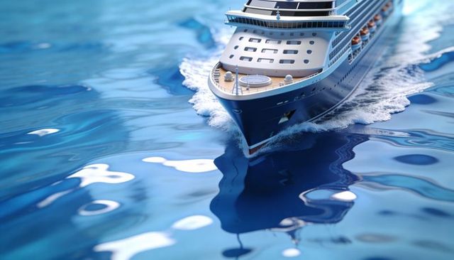 Luxury cruise ship cutting through deep blue sea, creating foamy wake and reflections