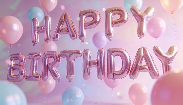 Floating rose gold happy birthday foil letter balloons with pastel balloons and confetti