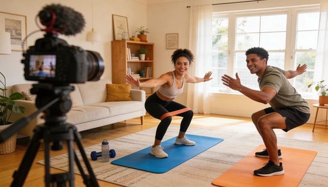 Young couple recording home workout doing banded squats on yoga mats in sunlit living room