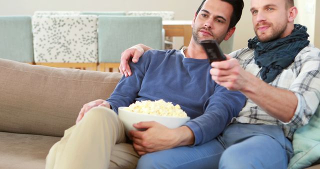 Two men are sitting on a couch in a living room, casually dressed, holding a remote and a bowl of popcorn, watching television. Great for use in articles or ads about home entertainment, friendship, relaxation, or television viewing habits.