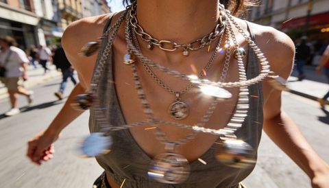 Swinging layered metallic necklaces catching sunlight on urban street
