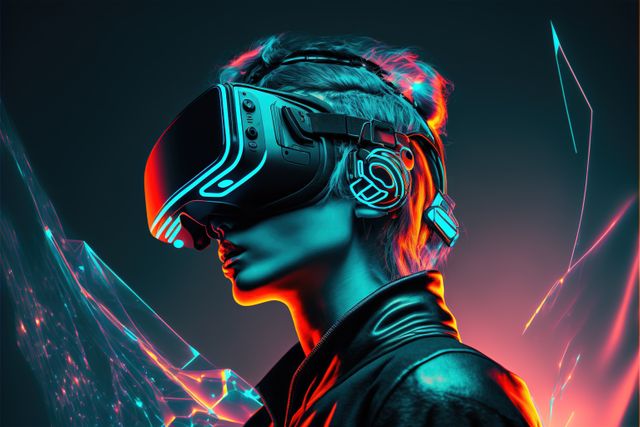 Caucasian woman in futuristic vr headset and glowing network, created using generative ai technology. Virtual reality, digital interface and headset technology concept digitally generated image.