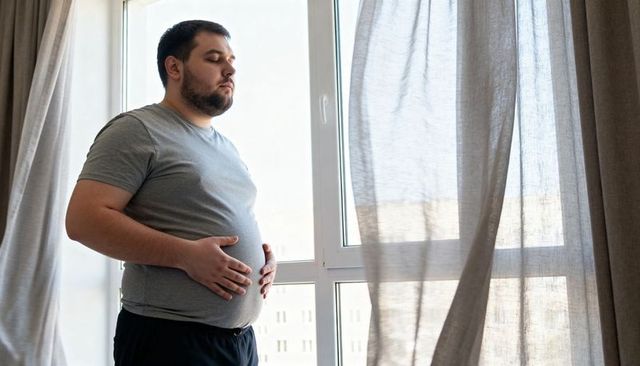 Overweight man standing by sunlit apartment window holding abdomen and contemplating