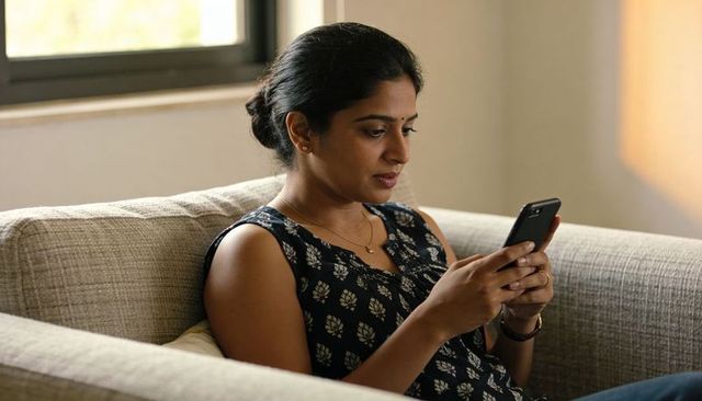 Indian woman relaxing on beige sofa using smartphone for messaging and browsing indoors