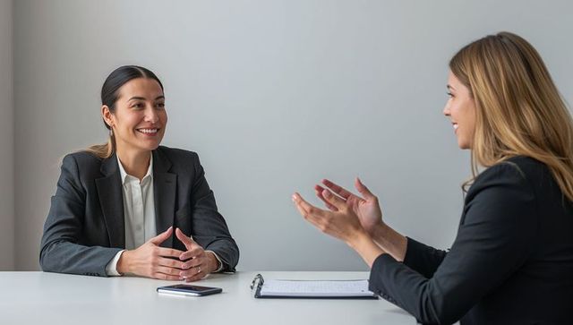 Professional job interview two businesswomen smiling, listening, gesturing in office