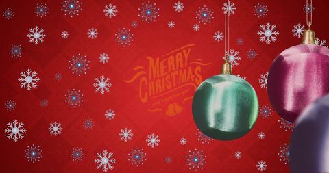 Festive Christmas Greeting with Hanging Baubles and Snowflakes