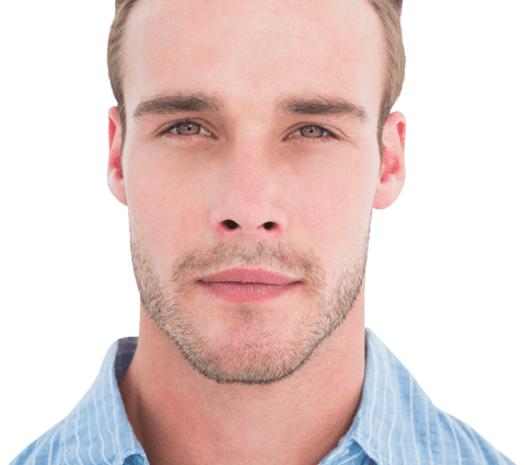 Transparent background unsmiling man looking directly at camera
