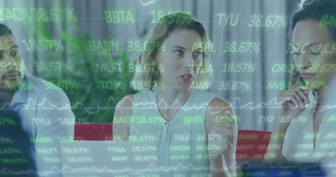 Leading team presenting data-driven strategy with stock tickers overlay in boardroom