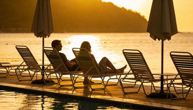 Couple watching golden sunset over water from poolside lounge chairs silhouette romance
