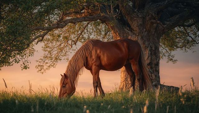 Chestnut horse grazing under shade of tree at sunset