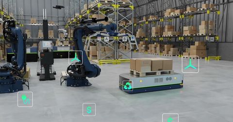 Automated warehouse with robotic equipment and ecology icons