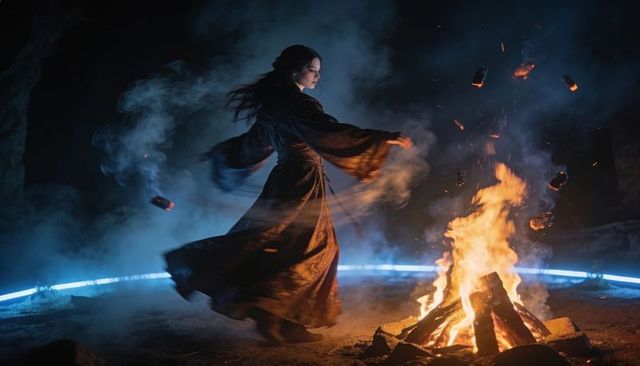 Mystic woman twirling dark robe around bonfire in cavern with hovering vessels and embers