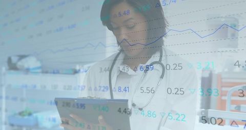 Female doctor reviewing tablet with medical data overlay and analytics dashboard