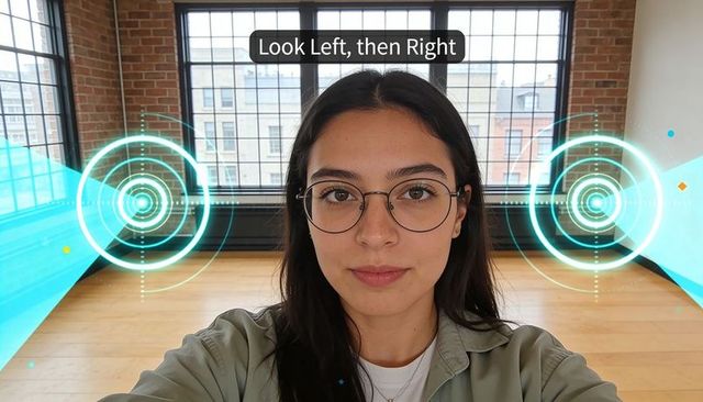 Young woman following facial scan cue in brick loft with holographic ar targets