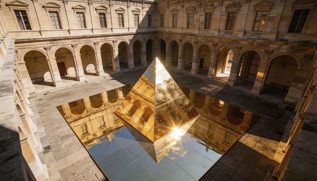Golden mirrored pyramid reflecting baroque cloister in sunlit courtyard