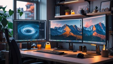Modern home office with triple monitor setup