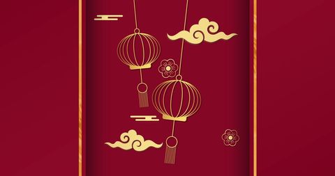 Chinese Lanterns with Clouds and Flowers on Red Background