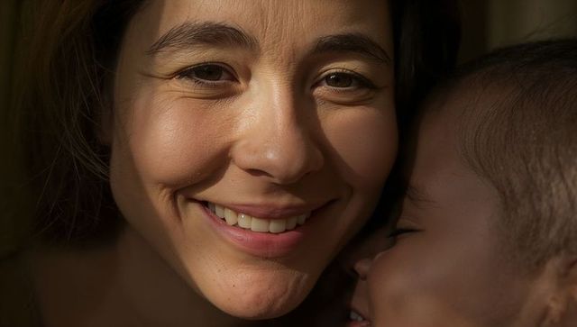 Mother smiling while holding toddler in close embrace with warm natural light