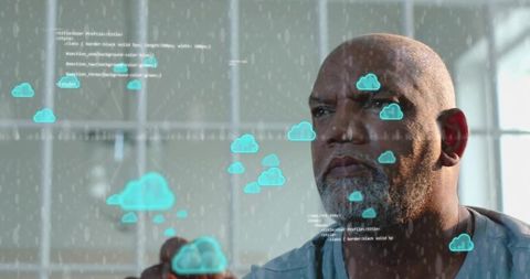 Senior Engineer Interacting with Holographic Cloud Dashboard and Code Overlay on Glass